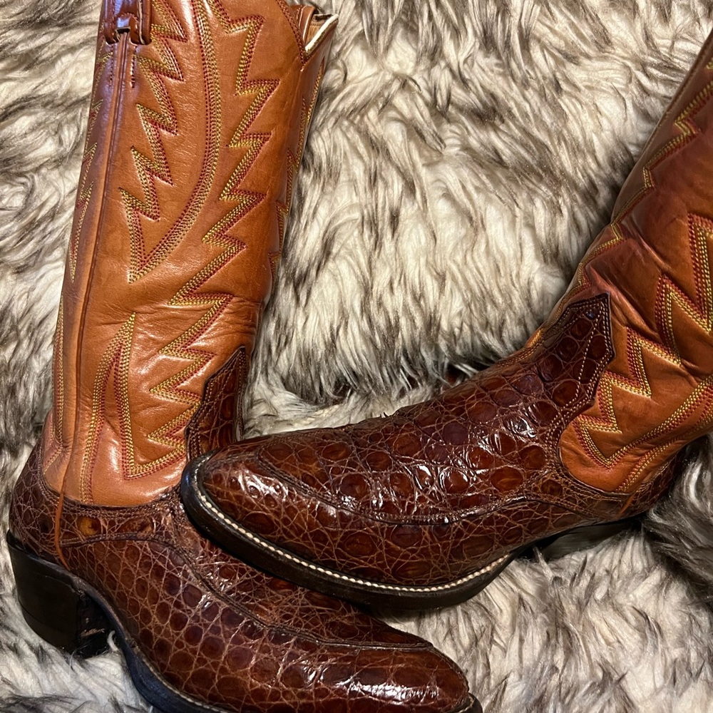 Nocona Men Caiman & Leather Two-Tone Brown Western Boots Sz 6 D